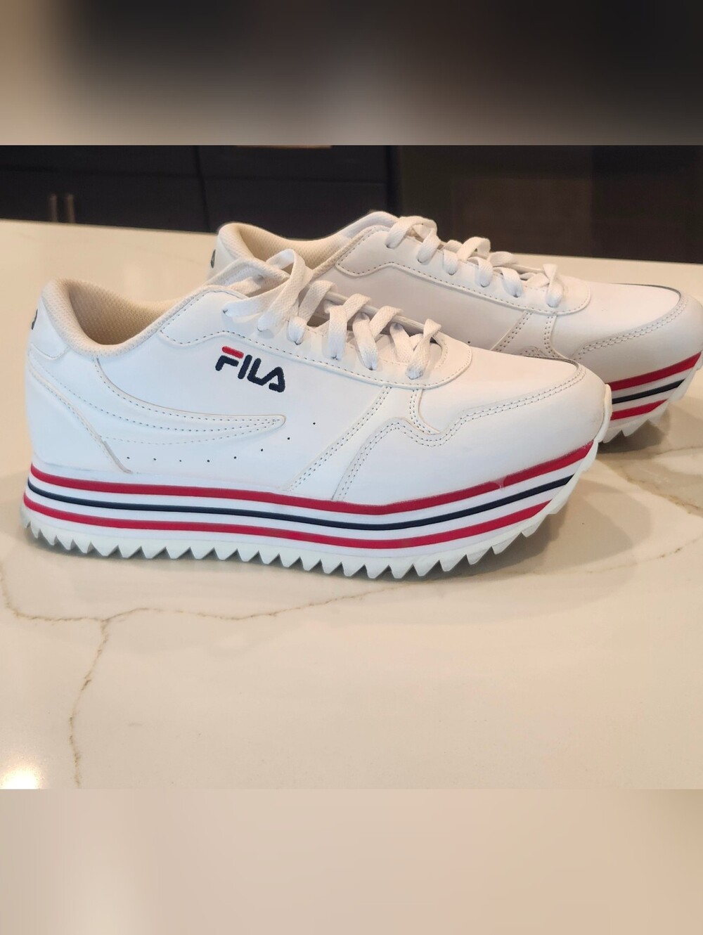 FILA White Platform Sneakers with Red & Navy Stripe Accents
